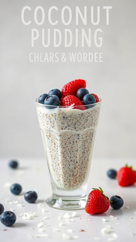 A glass of chia seed pudding topped with strawberries and blueberries, with the text 'Coconut Pudding' in the background.