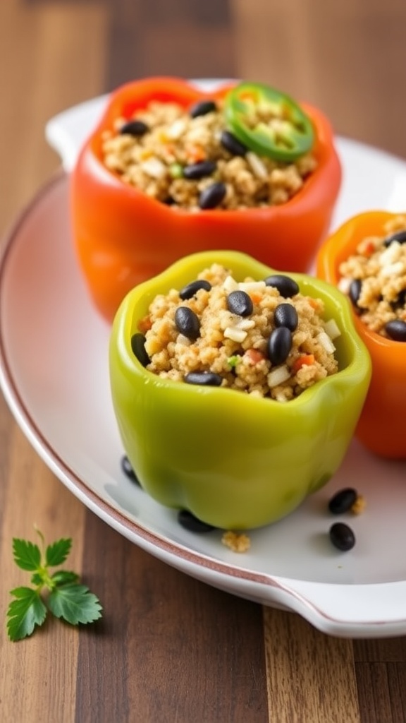 Stuffed bell peppers with quinoa and black beans on a plate.